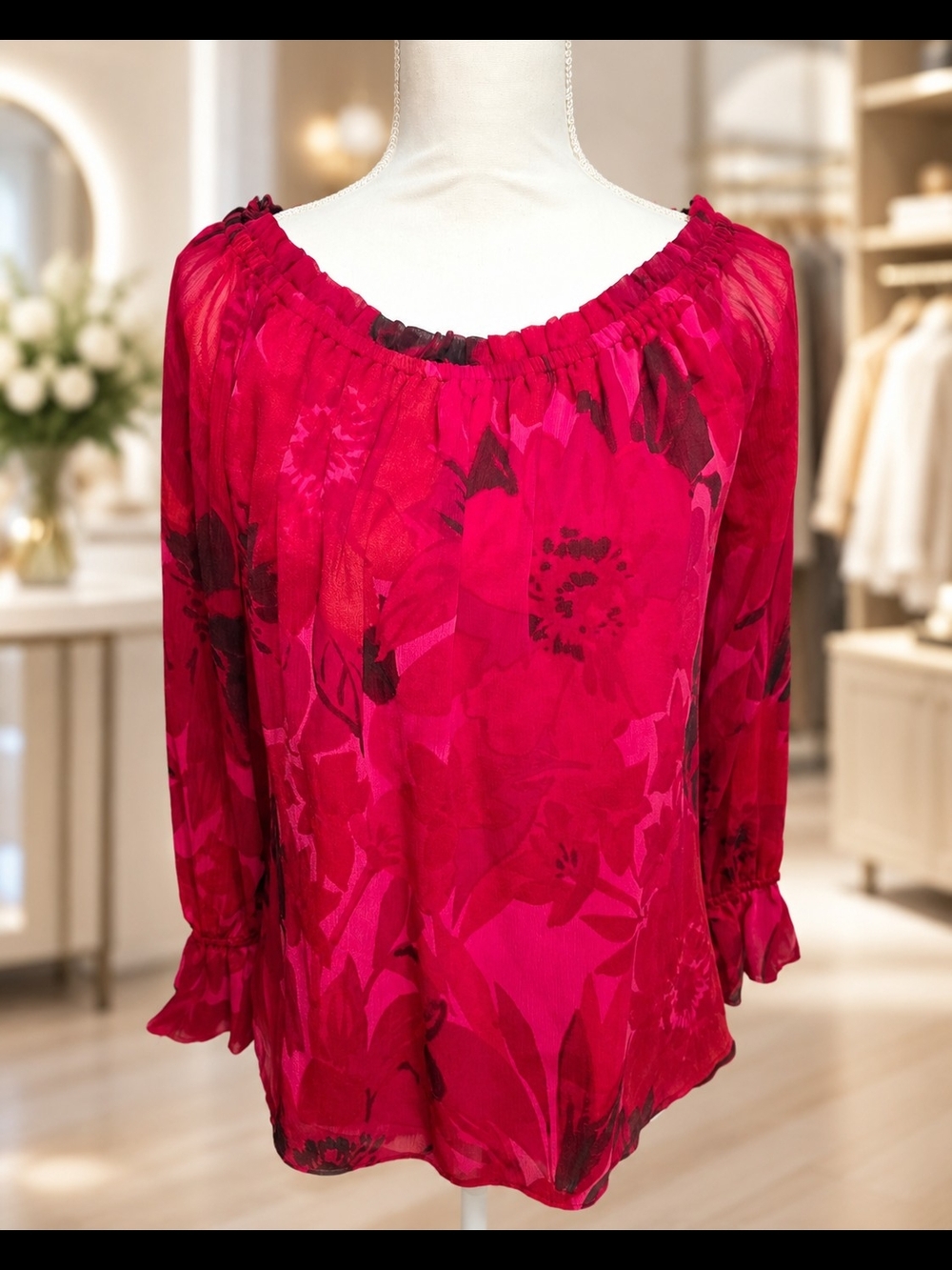CeCe Fuchsia Floral Off-Shoulder Blouse, Size M - Picture 2 of 9